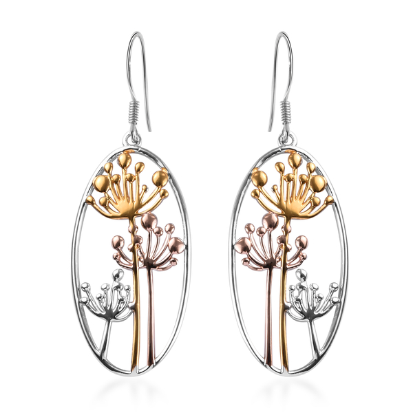 Platinum, Yellow and Rose Gold Overlay Sterling Silver Dandelion Hook Earrings, Silver wt 6.03 Gms.