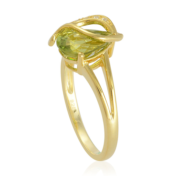 Hebei Peridot (Pear 1.75 Ct), White Topaz Ring in Yellow Gold Overlay Sterling Silver 1.800 Ct.