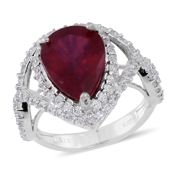 8 Carat African Ruby and White Zircon Halo Ring in Rhodium Plated Silver