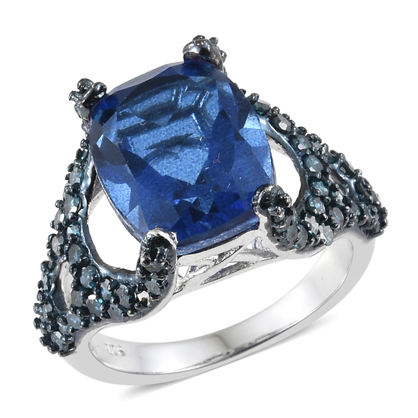5.75 Ct Minas Gerais Twilight Quartz and Blue Diamond Ring in Platinum and Blue Plated Silver