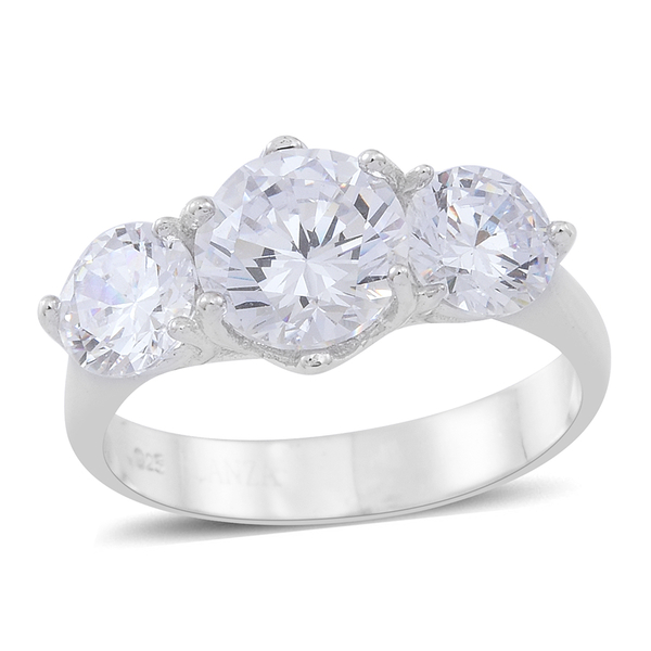 ELANZA AAA Simulated White Diamond (Rnd) 3 Stone Ring in Rhodium Plated Sterling Silver