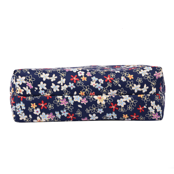 Navy and Flower Pattern Tote Bag with Zipper Closure (45x12x35cm) with FREE Matching Hat