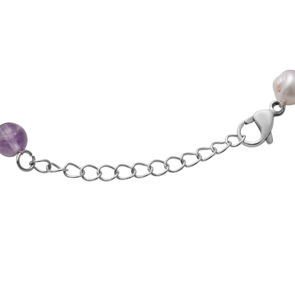 3 Piece Set - White Freshwater Pearl and Amethyst Necklace(Size 18 With 2 Inch Extender), Bracelet Size 8 With 2 Inch Extender)and Earrings (With Lever Back) in Stainless Steel