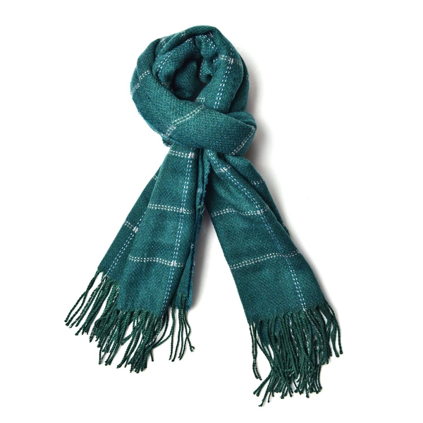 Close Out Deal - Italian Designer Green Colour Checks Pattern Scarf with Tassels (Size 190X87 Cm)