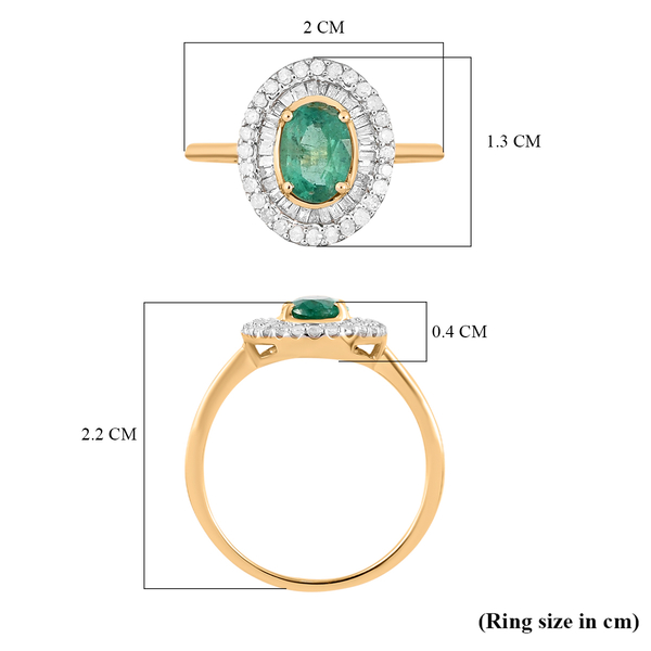 9K Yellow Gold Kagem Zambian Emerald and Diamond Ring 1.06 Ct.