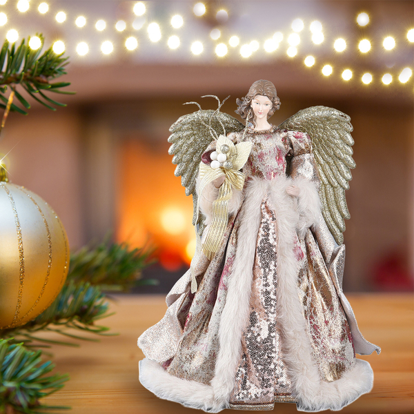 Decorative Christmas Angel Wearing Champagne & Purple Dress (Size 40 Cm)