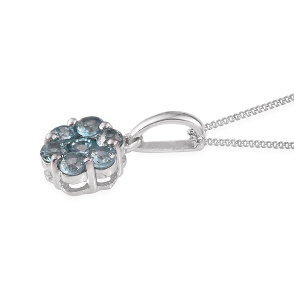 AA Natural Cambodian Blue Zircon (Rnd) 7 Stone Floral Pendant With Chain in Platinum Overlay Sterling Silver 1.250 Ct.
