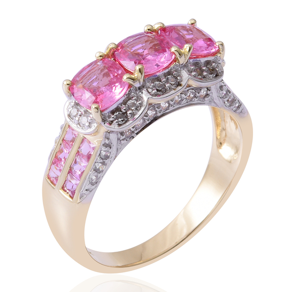Limited Edition- Exteremely Rare 9K Yellow Gold AAA Pink Sapphire (Cushion 5mm and Princess Cut), Natural White Cambodian Zircon Ring 2.700 Ct