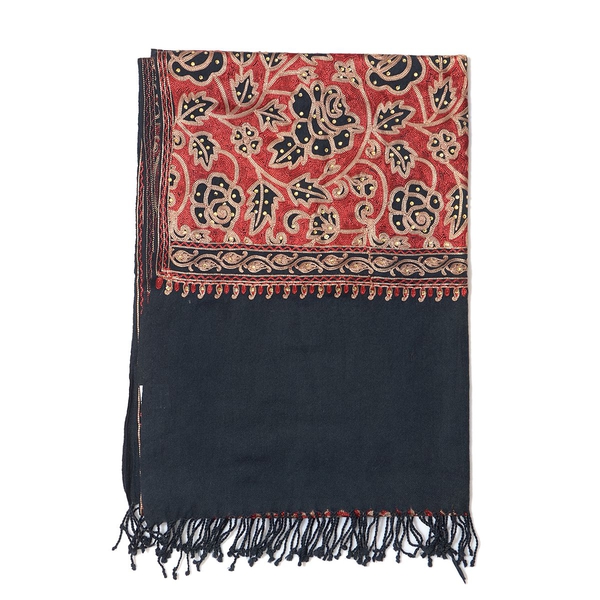 Limited Available 100% Merino Wool Floral Embroidered Black Colour Shawl with Tassels (Size 200x70 Cm)