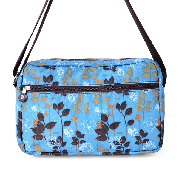 Turquoise and Multi Colour Leaves Pattern Waterproof Sport Bag with External Zipper Pocket and Adjustable Shoulder Strap (Size 27x20x6 Cm)