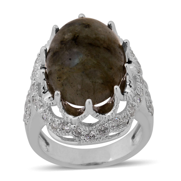 Labradorite (Ovl 10.00 Ct), Simulated White Diamond Ring in Silver Tone 14.800 Ct.