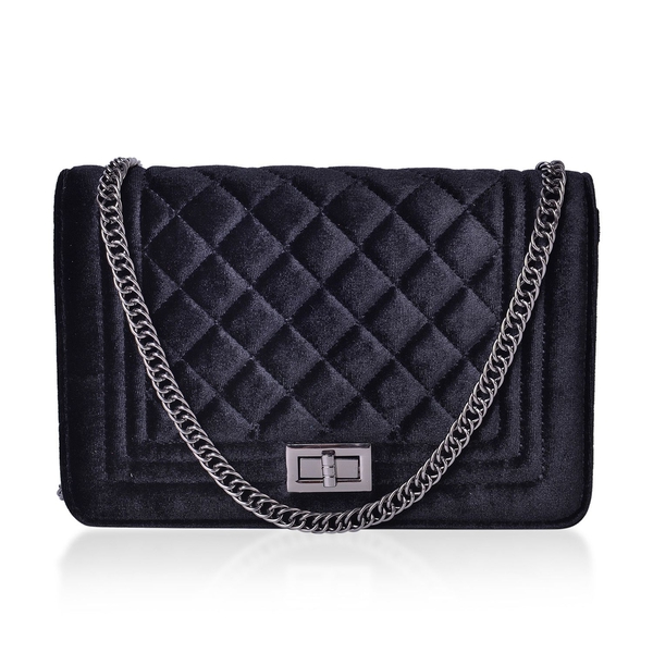 Designer Inspired - Black Colour Diamond Pattern Velvet Crossbody Bag with Chain Strap (Size 23.5X15