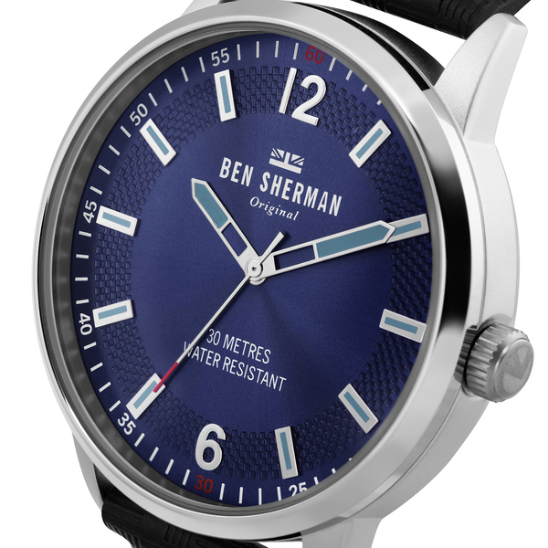 BEN SHERMAN Navy Blue Sunray Round Analog Watch with Black Leather Strap