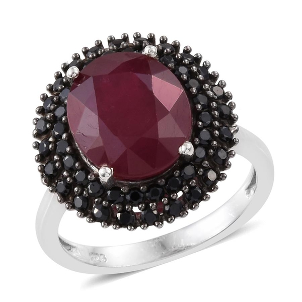 7.50 Ct African Ruby and Boi Ploi Black Spinel Halo Ring in Platinum Plated Sterling Silver