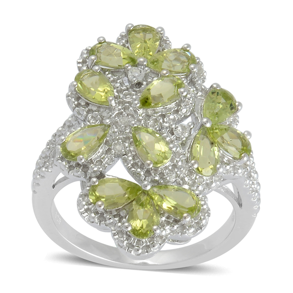 Hebei Peridot (Pear), White Topaz Ring in Platinum Overlay Sterling Silver 2.838 Ct.