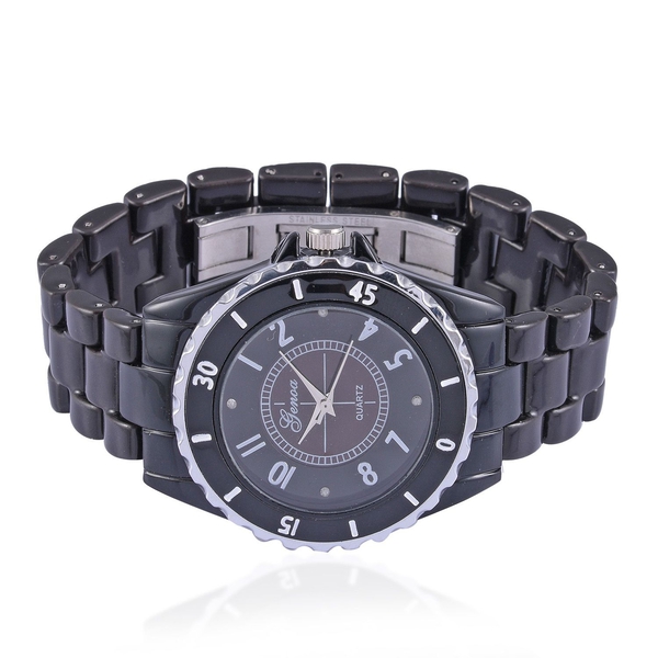 Diamond studded GENOA Black Ceramic Japenese Movement Watch in Black MOP Dial Water Resistant in Silver Tone with Stainless Steel Back