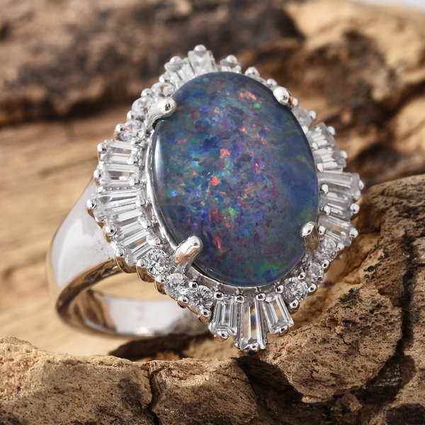 Extremely Rare Size Australian Boulder Opal (Ovl 18x13mm), Natural Cambodian Zircon Ring in Platinum Overlay Sterling Silver, Silver wt 6.40 Gms.