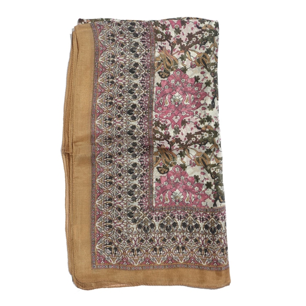100% Mulberry Silk Pink and Multi Colour Floral Pattern Chocolate Colour Scarf (Size 180x100 Cm)
