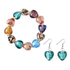 2 Piece Set - Multi Colour Murano Style Glass and Simulated Champagne Diamond Stretchable Heart Brac