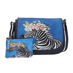 Set of 3 - Genuine Leather Crossbody Zebra Pattern Bag with Matching Coin Pouch and Gemstone Key Cha