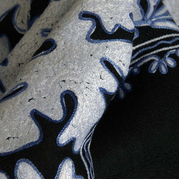 Very Limited Edition 100% Merino Wool Black, White and Blue Colour Hand Embroidered Shawl with Tassels (Size 190x70 Cm)