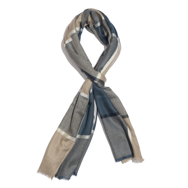 100% Cashmere Wool Blue, Grey and Multi Colour Checks Pattern Scarf (Size 200x70 Cm)