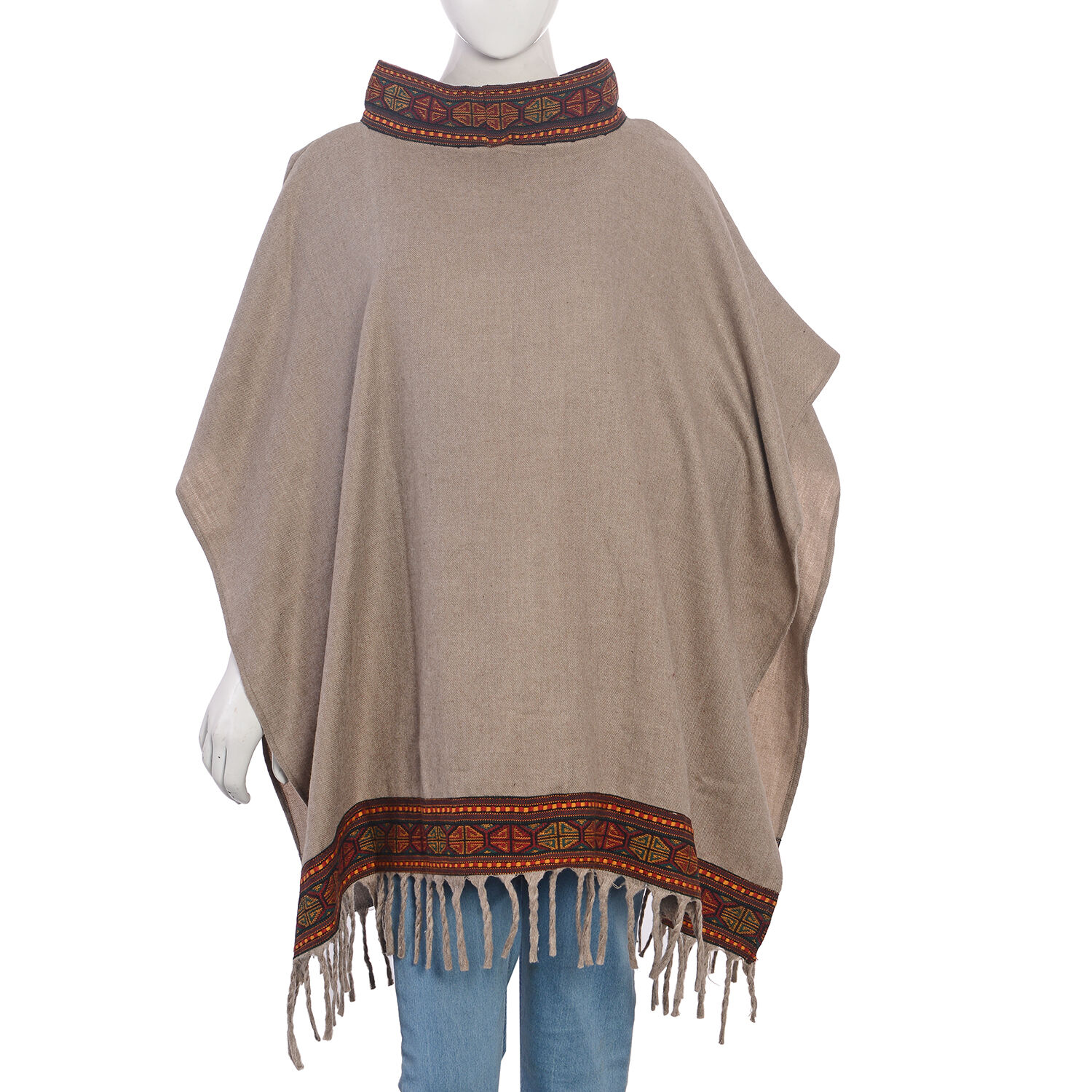 Hand Woven Traditional Kullu Weave Poncho with Woollen Border (Size 96.52x76 Cm) Khaki and Multi Col