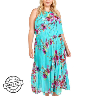 NOVA Of London Pleated Midi Dress With Floral Print in Turquoise (Size 18 )