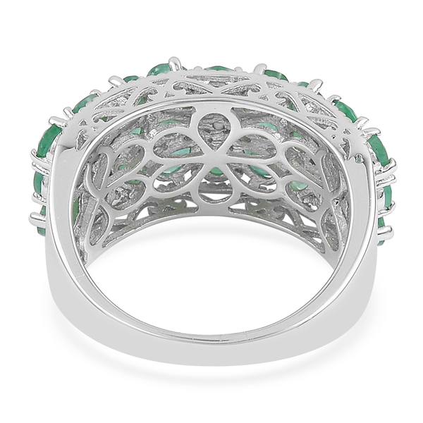 Kagem Zambian Emerald (Pear), Natural White Cambodian Zircon Floral Ring in Platinum Overlay Sterling Silver 4.100 Ct, Silver wt 5.21 Gms.