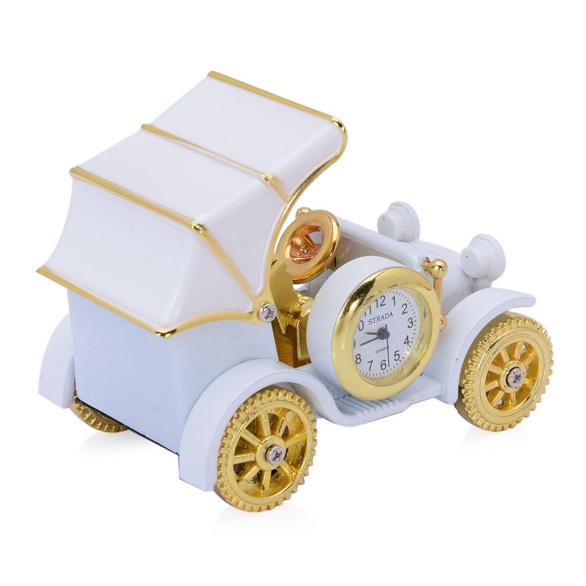 STRADA Japanese Movement White Dial Decorative British Car Table Clock in Gold Tone