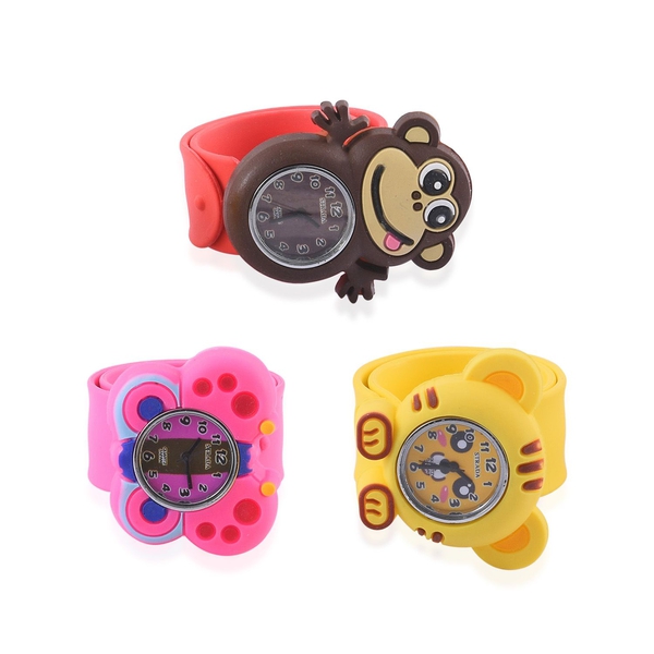 Set of 3 - STRADA Japanese Movement Water Resistant Monkey, Tiger and Butterfly Watch with Red, Yellow and Pink Silicone Strap