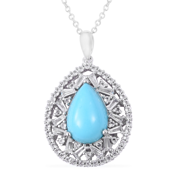 Arizona Sleeping Beauty Turquoise and White Topaz Pendant with Chain Size 18 in Silver