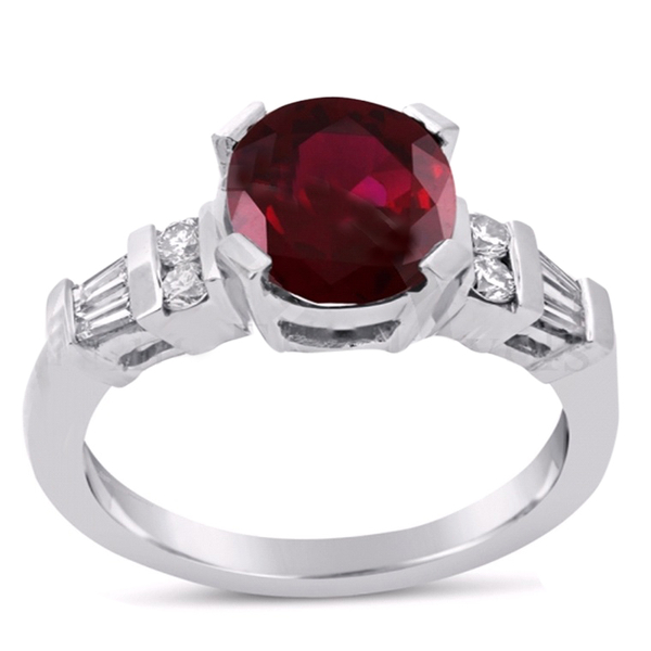 African Ruby (Ovl 5.20 Ct), Natural Cambodian White Zircon Ring in Rhodium Plated Sterling Silver 6.
