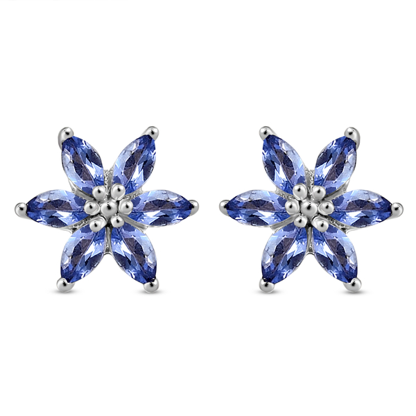Tanzanite Floral Stud Earrings (With Push Back) in Platinum Overlay Sterling Silver 1.00 Ct.