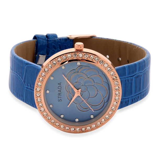STRADA Japanese Movement Blue Dial White Austrian Crystal Water Resistant Watch in Rose Gold Tone with Croc Embossed Blue Strap