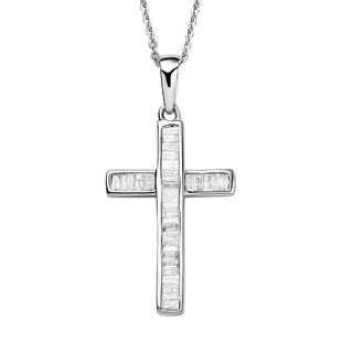 Diamond Cross Pendant with Chain (Size 20) in Platinum Overlay Sterling Silver 0.50 Ct.