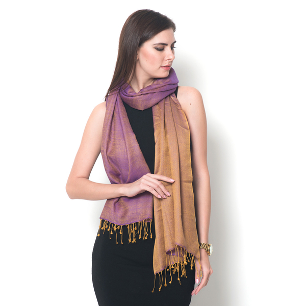 Mulberry Silk, Merino Wool  Blend (50%) Handloomed Purple and Bronze Colour Reversible Motif Scarf (