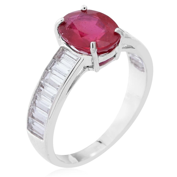 AAA African Ruby (Ovl 3.75 Ct), White Topaz Ring in Rhodium Plated Sterling Silver 5.500 Ct.