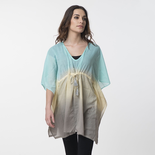 100% Cotton Sky Blue, Light Yellow and Grey Colour Ombre Effects Poncho (Size 85x60 Cm)