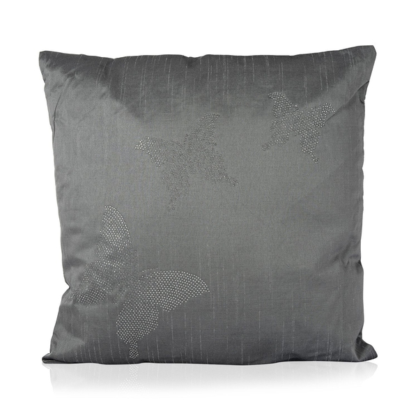 Butterfly Pattern Grey Colour Cushion with Silver Studs (Size 42x42 Cm)
