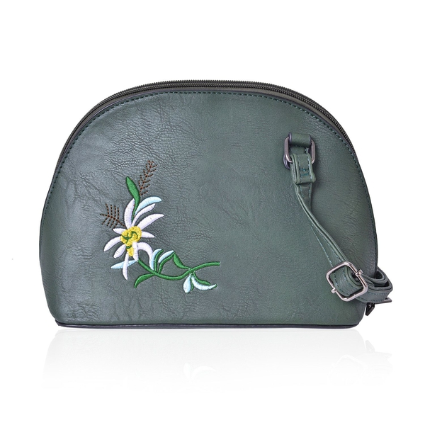 Dark Green, White and Multi Colour Flower Embroidered Crossbody Bag with Adjustable Shoulder Strap (