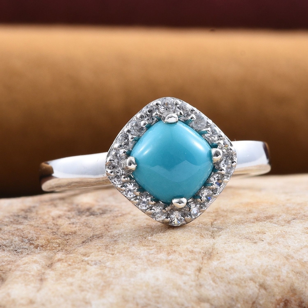 Arizona Sleeping Beauty Turquoise (Cush 1.15 Ct), Natural Cambodian Zircon Ring in Platinum Overlay Sterling Silver 1.500 Ct.