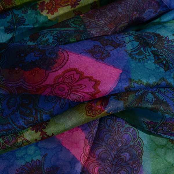 100% Mulberry Silk Blue, Green and Multi Colour Handscreen Floral and Paisley Printed Scarf (Size 180x100 Cm)