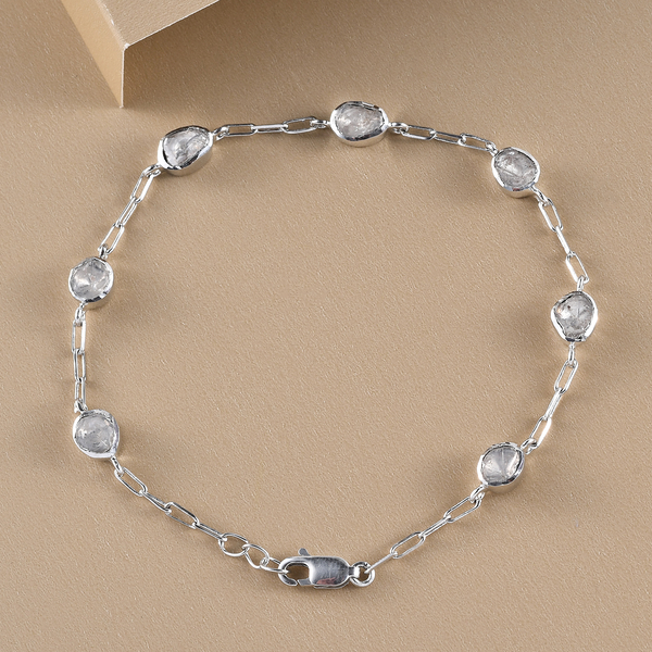 Artisan Crafted - Polki Diamond Paperclip Bracelet (Size - 8 with Extender) With Lobster Clasp in Platinum Overlay Sterling Silver 1.00 Ct.