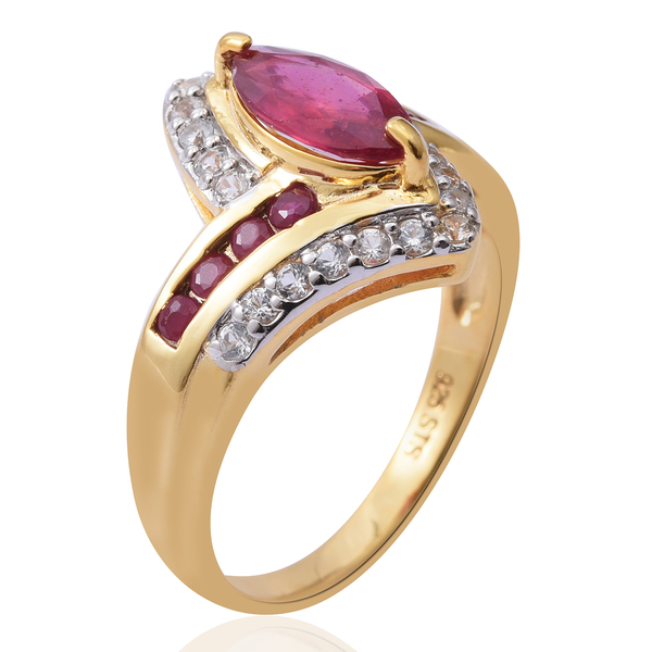 African Ruby (Mrq), Natural White Cambodian Zircon Ring in 14K Gold Overlay Sterling Silver 2.150 Ct.