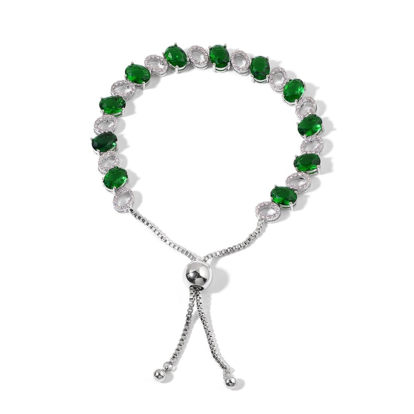Simulated Emerald and Simulated White Diamond Bracelet (Size 6.5 -8.5 Adjustable) in Silver Tone