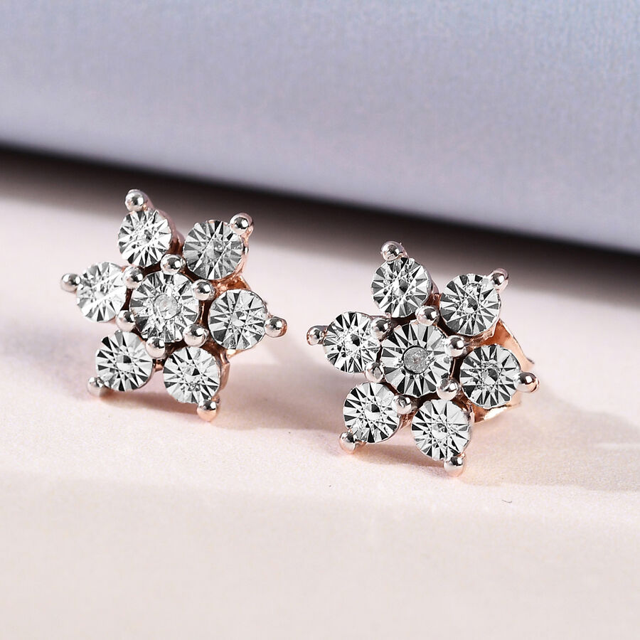 Diamond Bloomed Flower Stud Earrings in Rose Gold Plated Sterling