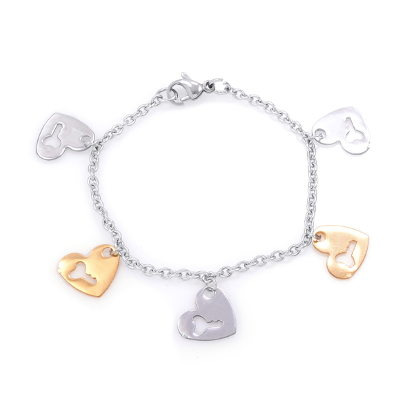 Close Out Deal Bracelet with Gold and Silver Plated Heart Charm in Stainless Steel (Size 7)