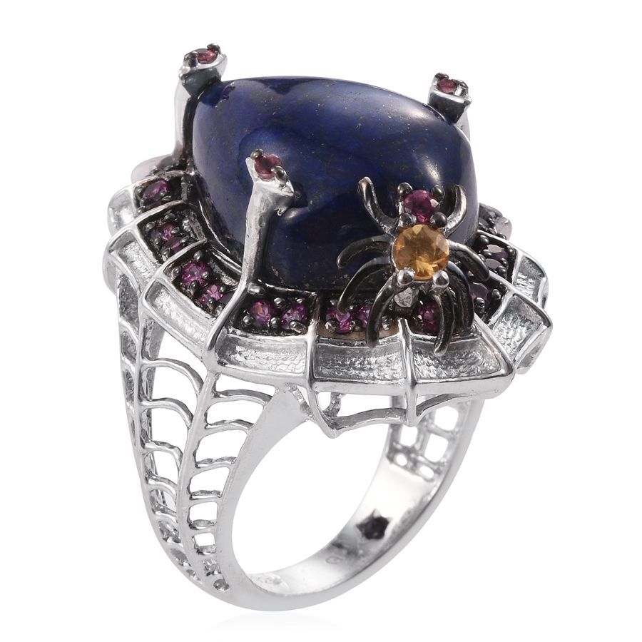 GP Lapis Lazuli, Citrine, Rhodolite Garnet and Kanchanaburi Blue Sapphire Ring in Platinum Overlay Sterling Silver 20.000 Ct.