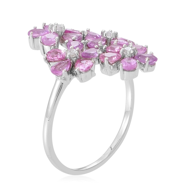 Pink Sapphire (Pear), White Zircon Floral Ring in Rhodium Plated Sterling Silver 6.000 Ct.